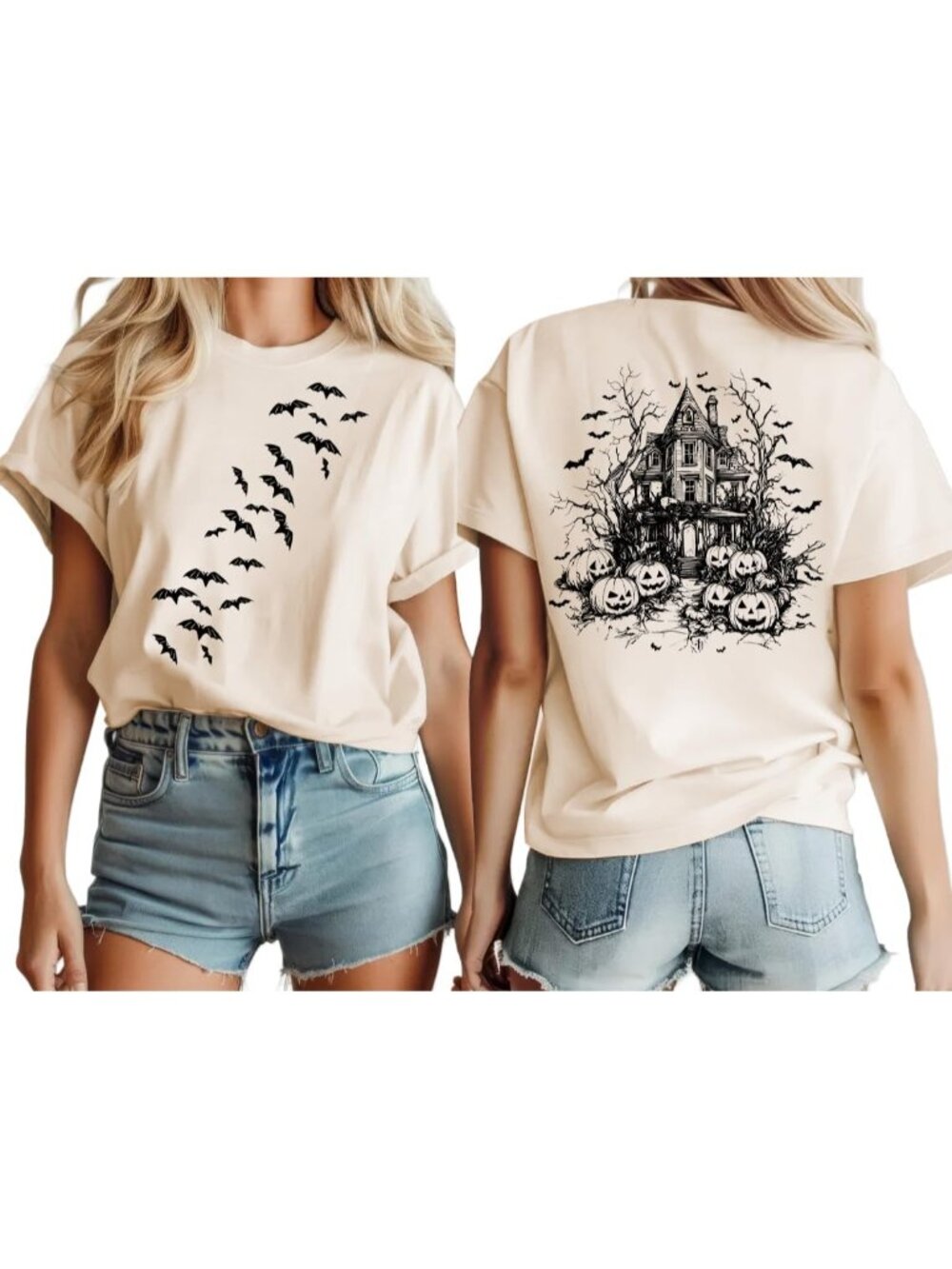🆕 Women's Beige Haunted House Bats Halloween Graphic Tee Short Sleeve Shirt